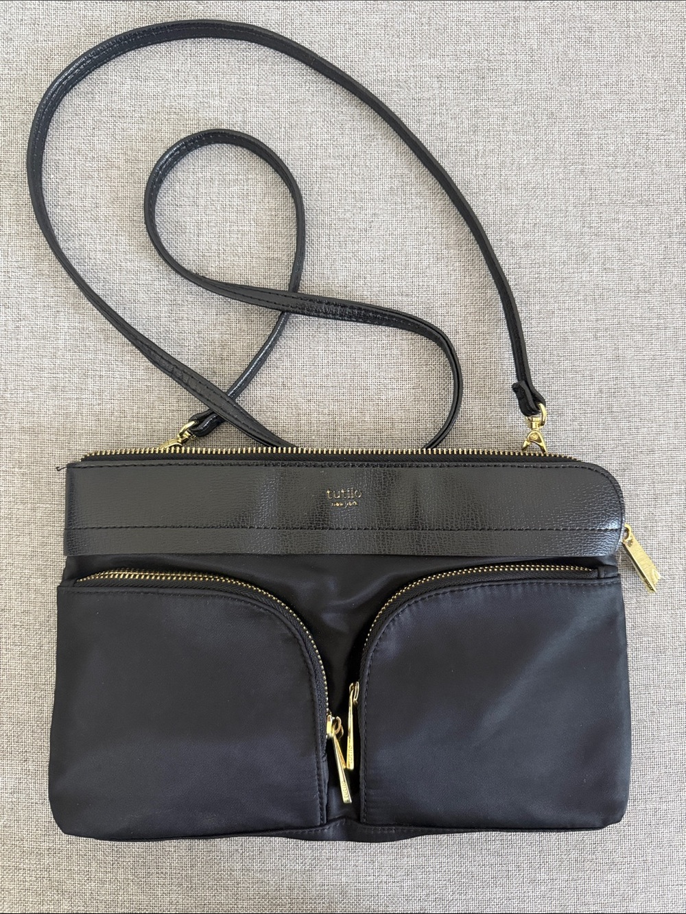 Tutilo Black Nylon Crossbody Bag with Dual Front Pockets